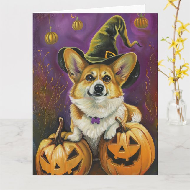 Spooky Corgi Dog Halloween Witch Pumpkin Card (Yellow Flower)
