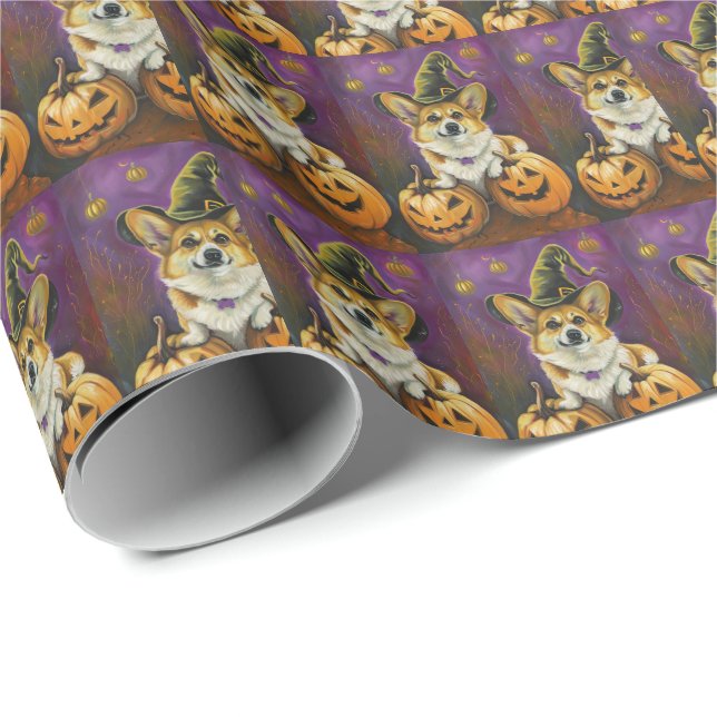 Spooky Corgi Dog Halloween Witch Pumpkin Wrapping Paper (Roll Corner)