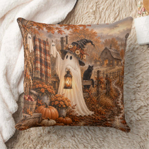 Spooky Cosy Ghost Witch & Black Cat Country Barn Cushion