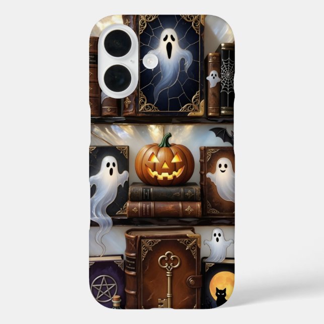 Spooky Cosy iPhone Case Ghost Pumpkin Bookshelf (Back)