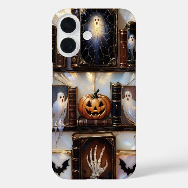 Spooky Cosy iPhone Case Ghost Pumpkin Bookshelf (Back)