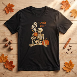 Spooky Cosy Skeleton Pumpkin Coffee Halloween T-Shirt