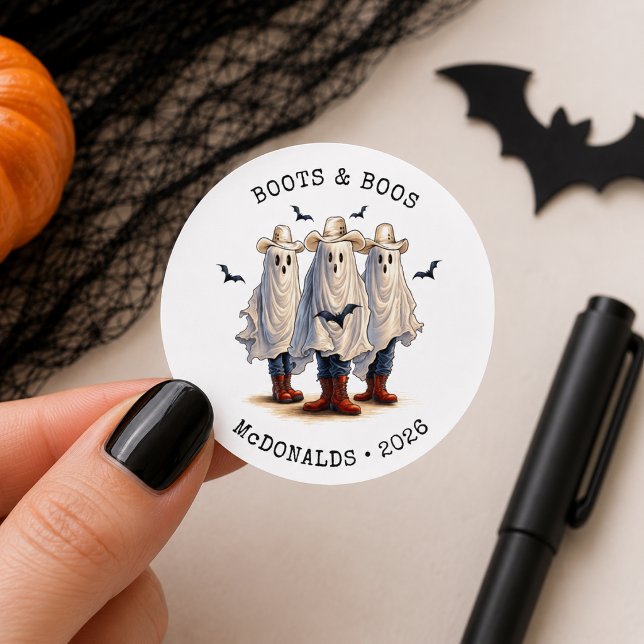 Spooky Cowboy Ghosts Personalised Halloween Classic Round Sticker (Add Name & Year to customize.  Matching items available in the collection)