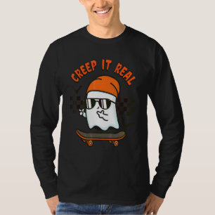 Spooky Creep it Real Ghost Skateboard Halloween Sc T-Shirt