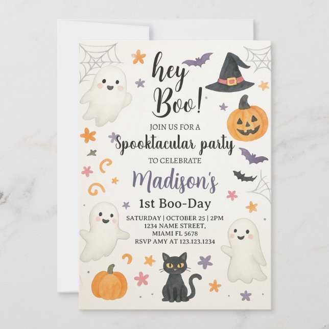 Spooky Cute 1st Birthday Invitation | Hey Boo Hall (Front)