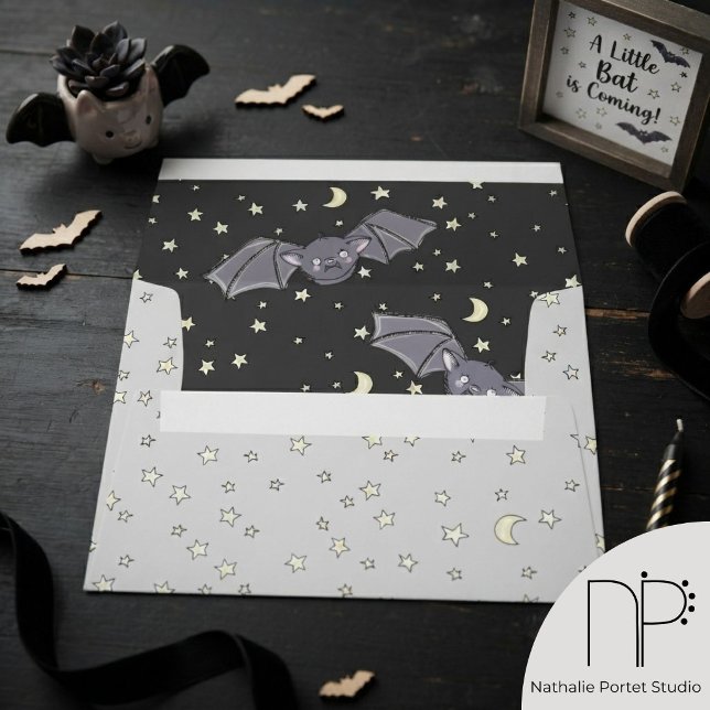 Spooky Cute Bats Halloween Envelopes (Baby bats, moons and stars envelope for Halloween baby shower, October birthday or Halloween party)