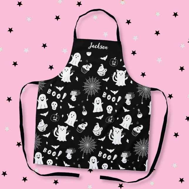 Spooky Cute Black and White Halloween Apron (Spooky cute black and white Halloween pattern apron with name . )