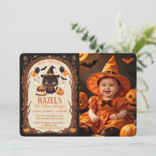 Spooky Cute Black Cat Halloween Witch 1st Boo-Day Invitation