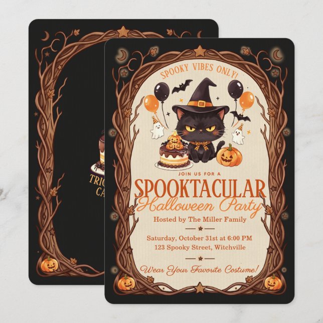 Spooky Cute Black Cat Witch Halloween Party Invitation (Front/Back)