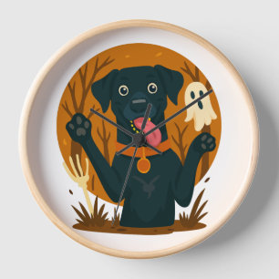 Spooky Cute Black Dog with Ghost  Clock