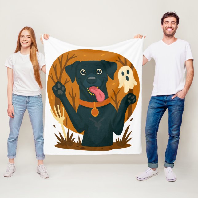 Spooky Cute Black Dog with Ghost  Fleece Blanket (In Situ)