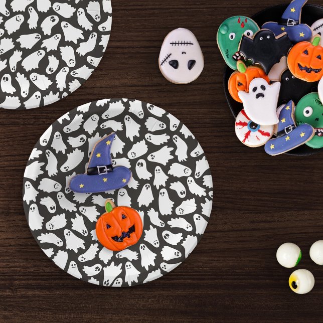 Spooky Cute Black White Ghost Pattern Paper Plate (Creator Uploaded)
