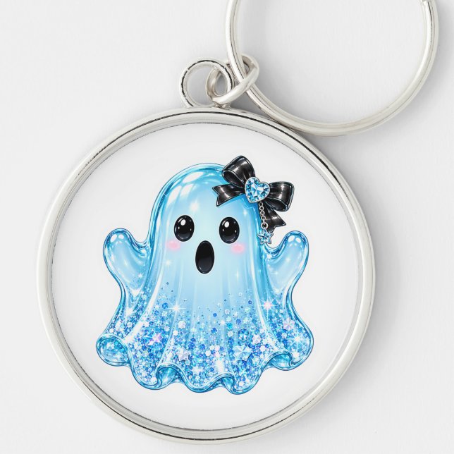Spooky Cute Blue Glitter Ghost Keychain (Front)