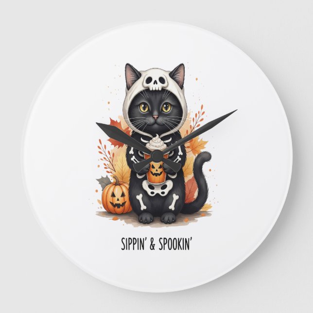 Spooky Cute Cat Halloween Large Clock (Front)