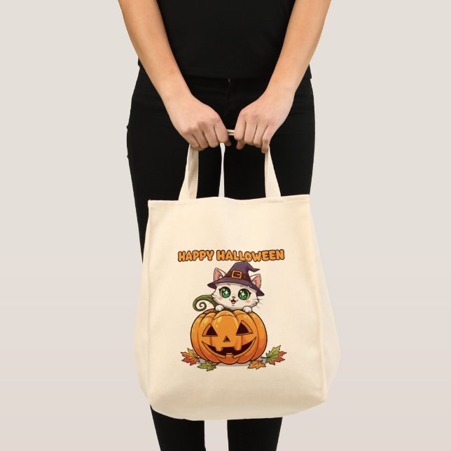 Spooky Cute Chibi Cat and Pumpkin Halloween  Tote Bag (Front (Product))