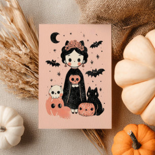 Spooky Cute Frida Kahlo Retro Pink Halloween  Postcard
