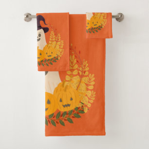 Spooky Cute Ghost And Pumpkins Autumn Wreath Bath Towel Set