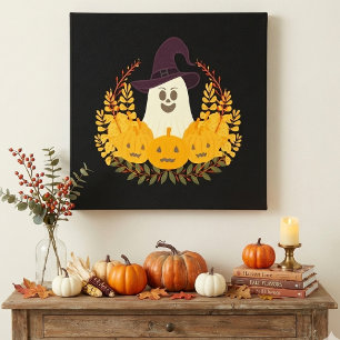 Spooky Cute Ghost And Pumpkins Autumn Wreath Canvas Print