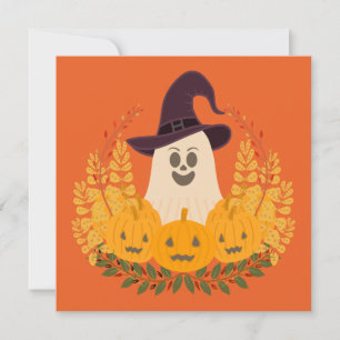 Spooky Cute Ghost And Pumpkins Autumn Wreath Card