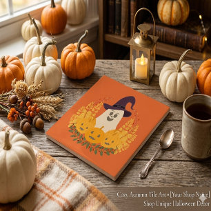 Spooky Cute Ghost And Pumpkins Autumn Wreath Tile