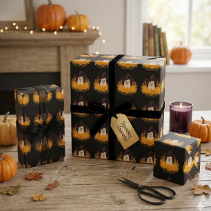 Spooky Cute Ghost And Pumpkins Autumn Wreath Wrapping Paper