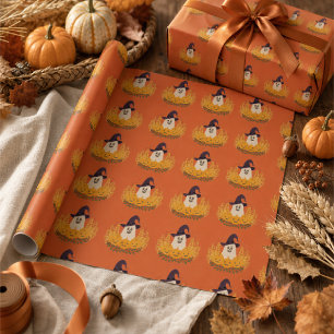 Spooky Cute Ghost And Pumpkins Autumn Wreath Wrapping Paper