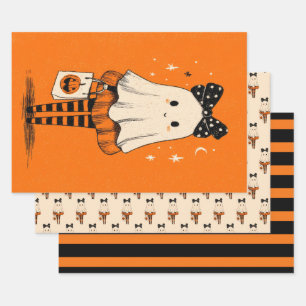 Spooky Cute Ghost Burnt Orange& Black Halloween Wrapping Paper Sheet
