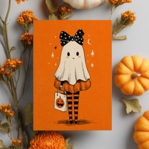 Spooky Cute Ghost Burnt Orange Whimsical Halloween Postcard