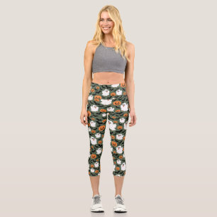 Spooky Cute Ghost Chickens with Pumpkins and Bats  Capri Leggings