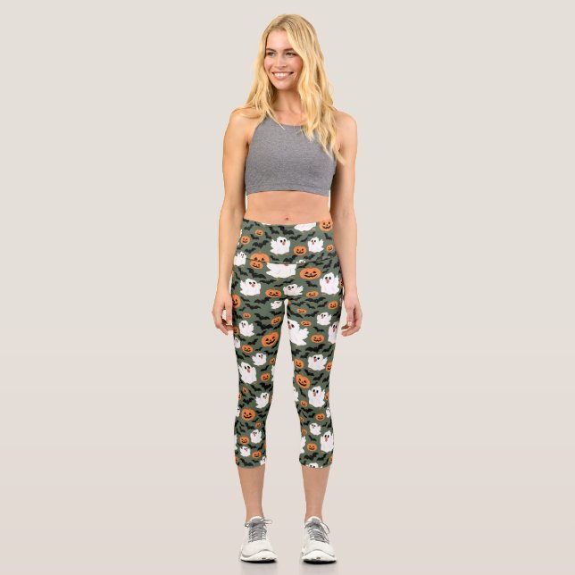 Spooky Cute Ghost Chickens with Pumpkins and Bats  Capri Leggings (Front)