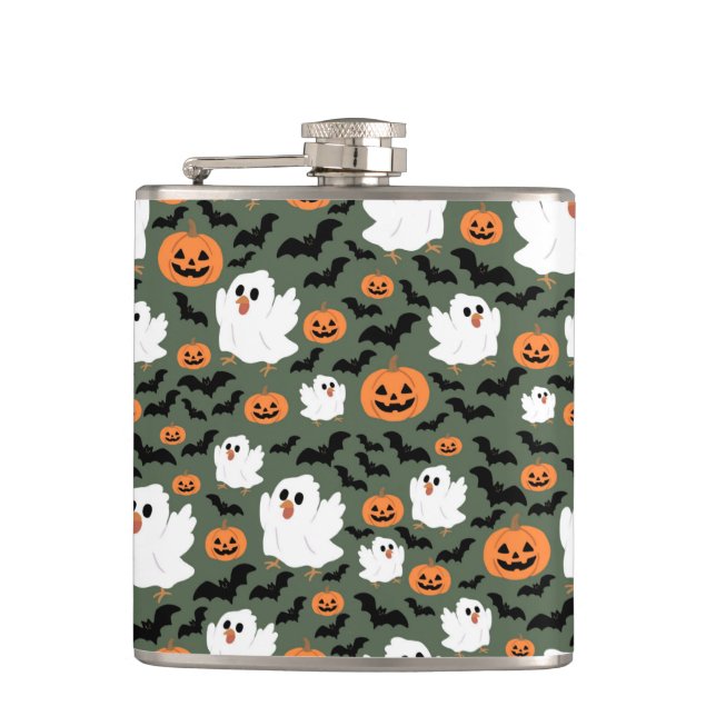 Spooky Cute Ghost Chickens with Pumpkins and Bats  Hip Flask (Front)