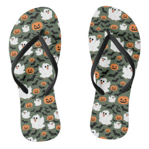 Spooky Cute Ghost Chickens with Pumpkins and Bats  Jandals
