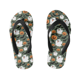 Spooky Cute Ghost Chickens with Pumpkins and Bats  Kid's Jandals
