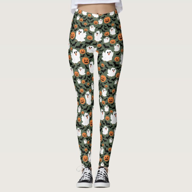 Spooky Cute Ghost Chickens with Pumpkins and Bats Leggings (Front)
