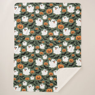 Spooky Cute Ghost Chickens with Pumpkins and Bats  Sherpa Blanket