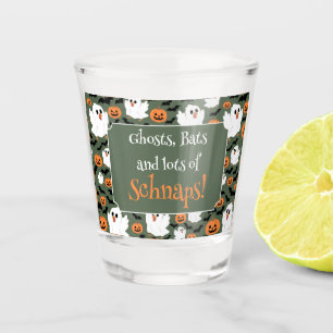Spooky Cute Ghost Chickens with Pumpkins and Bats Shot Glass