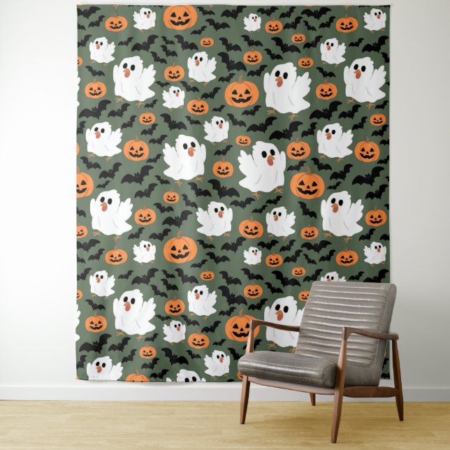 Spooky Cute Ghost Chickens with Pumpkins and Bats  Tapestry (In Situ)