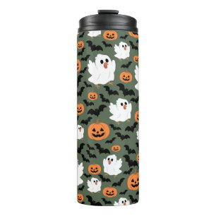 Spooky Cute Ghost Chickens with Pumpkins and Bats  Thermal Tumbler