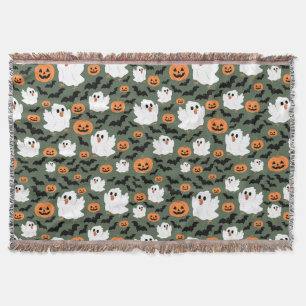 Spooky Cute Ghost Chickens with Pumpkins and Bats  Throw Blanket