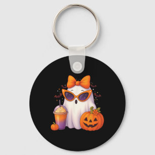 Spooky Cute Ghost Drinking Pumpkin Iced Coffee Hal Key Ring