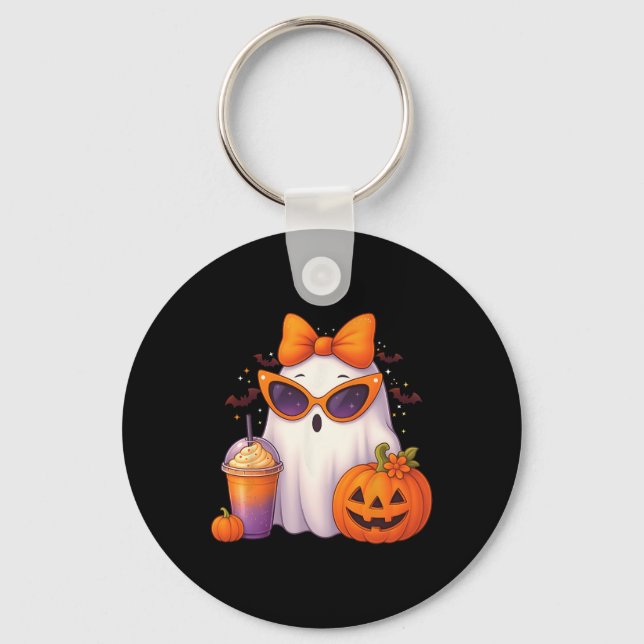 Spooky Cute Ghost Drinking Pumpkin Iced Coffee Hal Key Ring (Front)