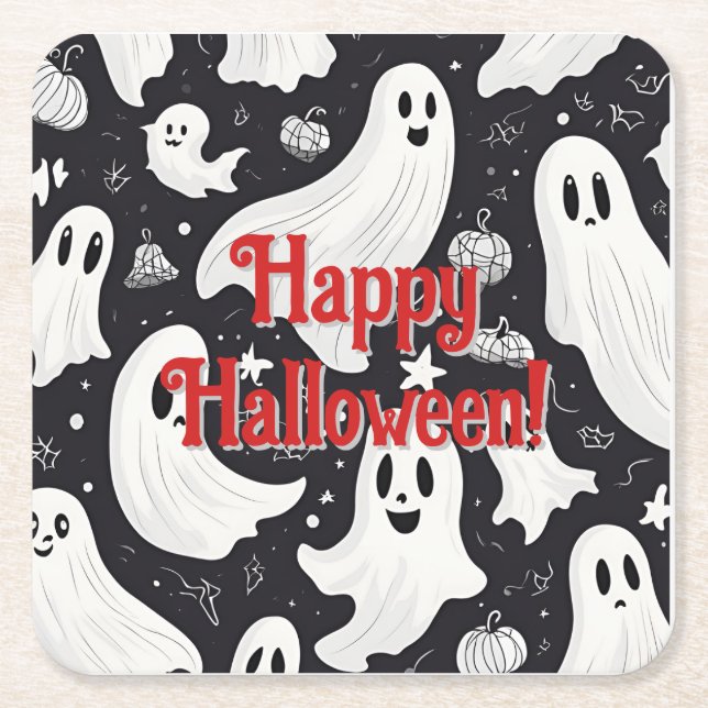 Spooky Cute Ghost Halloween Black White Square Paper Coaster (Front)