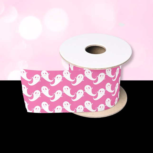 Spooky Cute Ghost Pattern Pink Halloween Ribbon Satin Ribbon (Spooky Cute Ghost Pattern Pink Halloween Ribbon .)