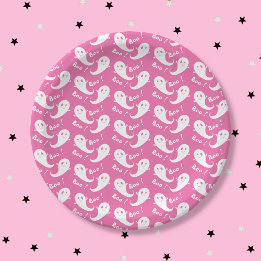 Spooky Cute Ghost Pattern Pink Paper Plate