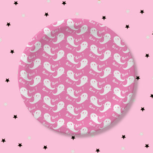 Spooky Cute Ghost Pattern Pink Paper Plate