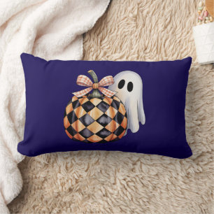 Spooky Cute Ghost Peek Halloween T-Shirt, Checkere Lumbar Cushion