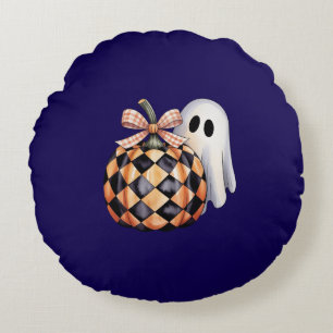 Spooky Cute Ghost Peek Halloween T-Shirt, Checkere Round Cushion
