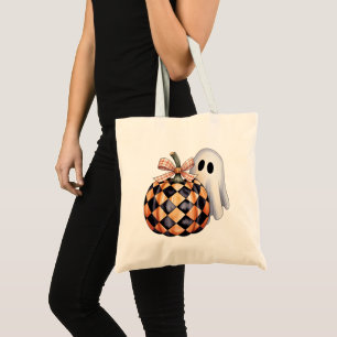 Spooky Cute Ghost Peek Halloween T-Shirt, Checkere Tote Bag
