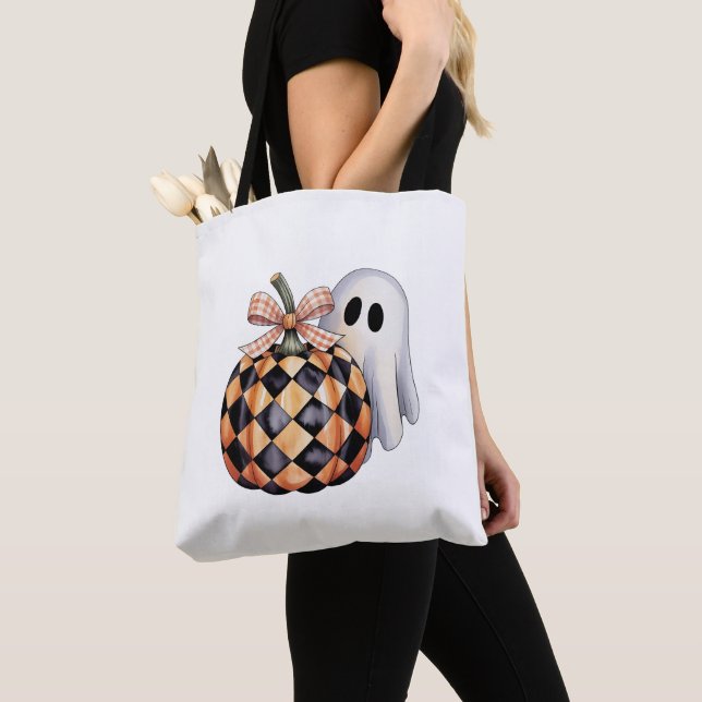 Spooky Cute Ghost Peek Halloween T-Shirt, Checkere Tote Bag (Close Up)