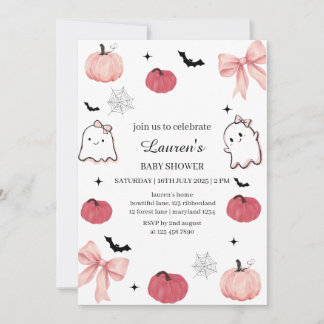 Spooky Cute Ghost Pink Pumpkin Baby Shower Invitation